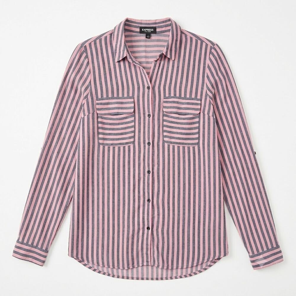 Express Striped Longline Utility Button Down Shirt Pink Gray Womens Medium